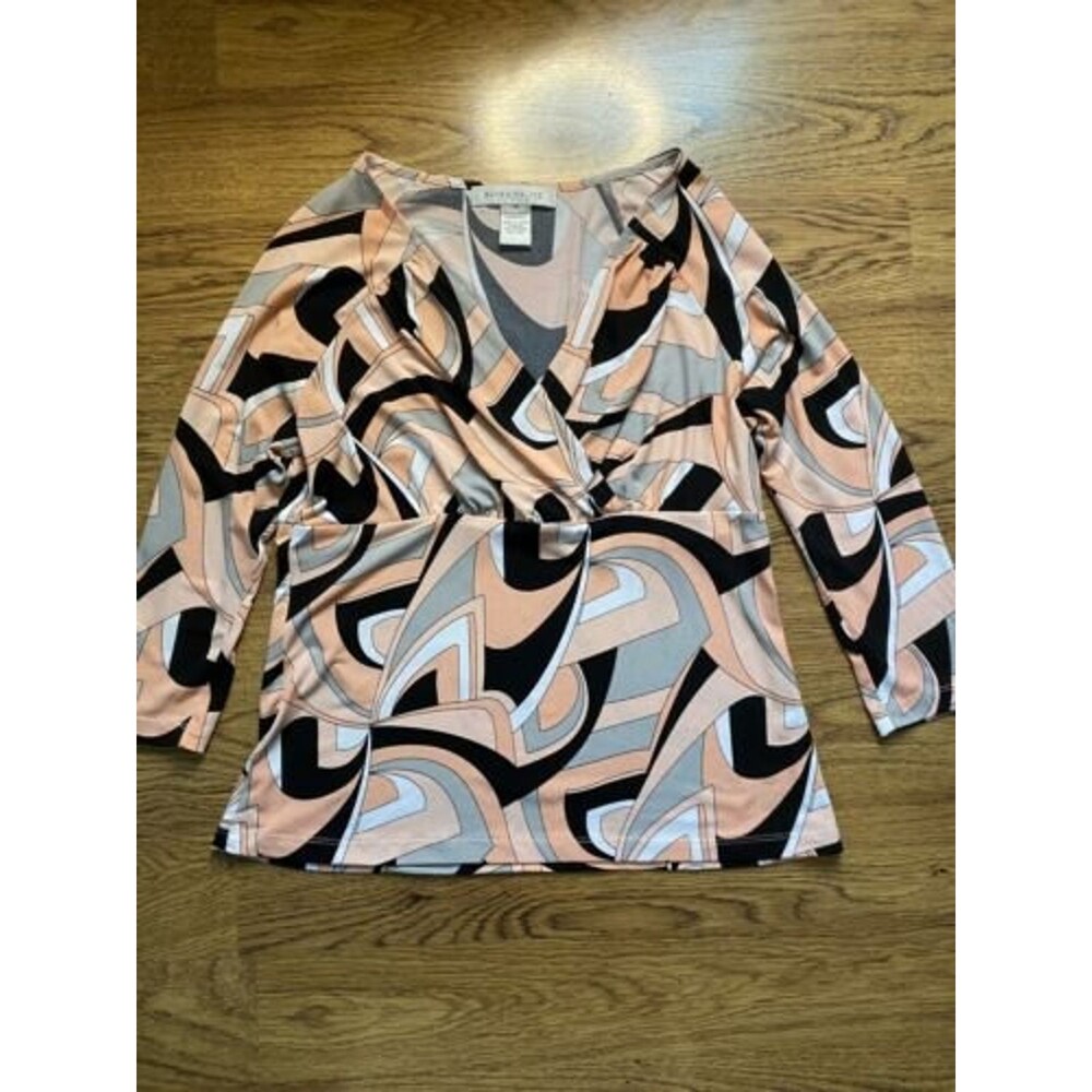 Pursuits Womens Blouse 3/4 Sleeve Surplice Neckline Pink Black Geometric Medium